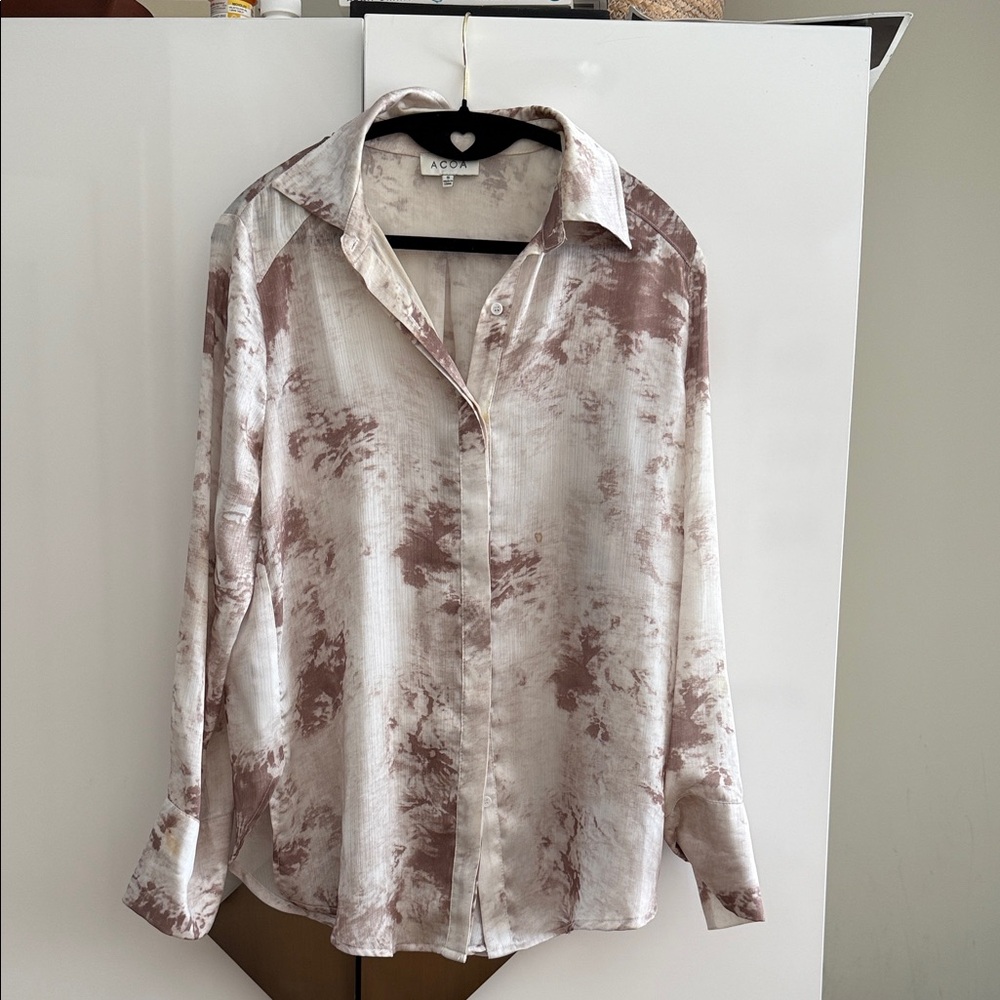 Silk Button Down Shirt - Beige and White